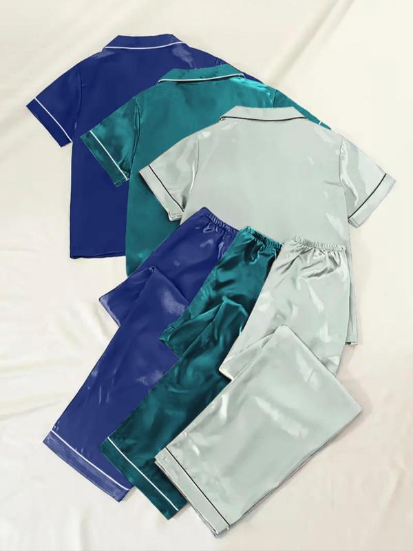 Womenswear Solid Satin Homewear Pyjama Set, Short Sleeve Lapel Neck Pocket Shirt & Elastic Waist Pants PJ Set, Minimalist Comfortable Sleepwear Set for Women